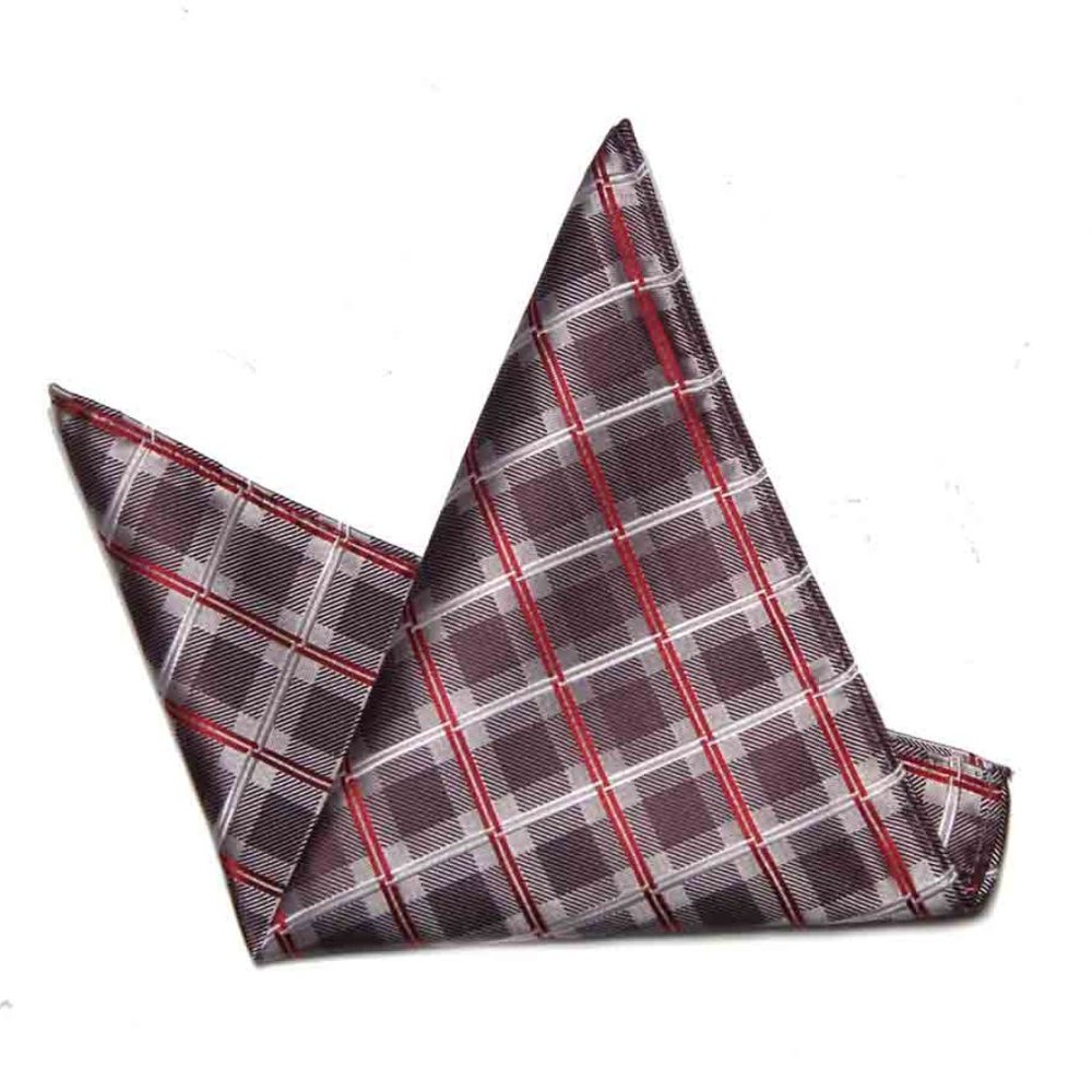 Eksel Pocket Square Brown Tan Red White Plaid Silk Blend Men's